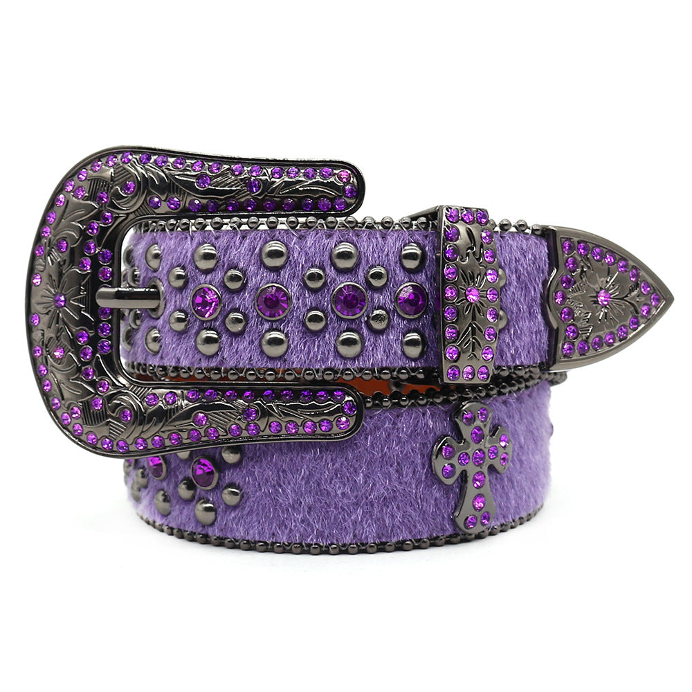 Western Style Leopard Print Rhinestone Cross Carved Belt