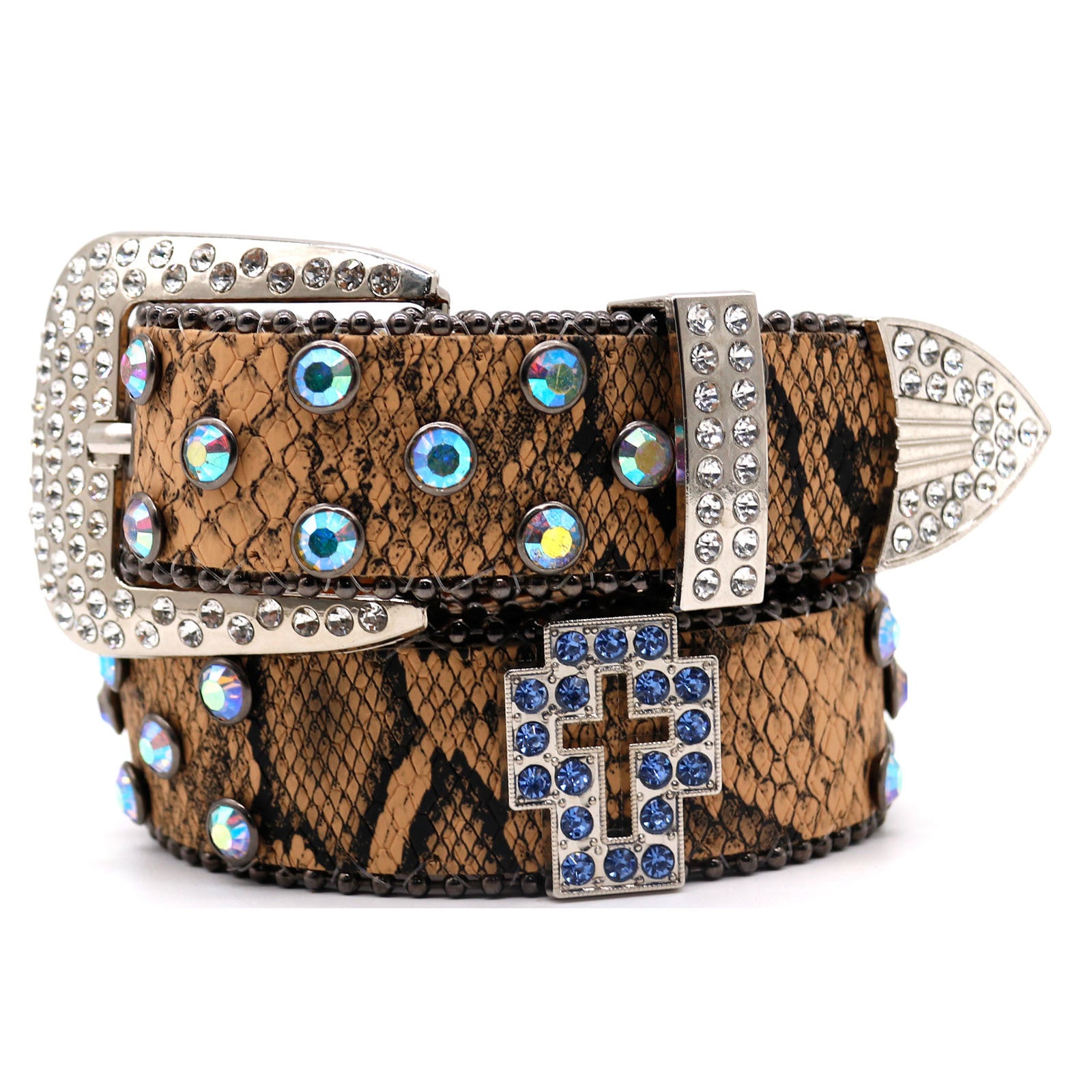 Snake Print Rhinestone Cross Carved Western Style Belt