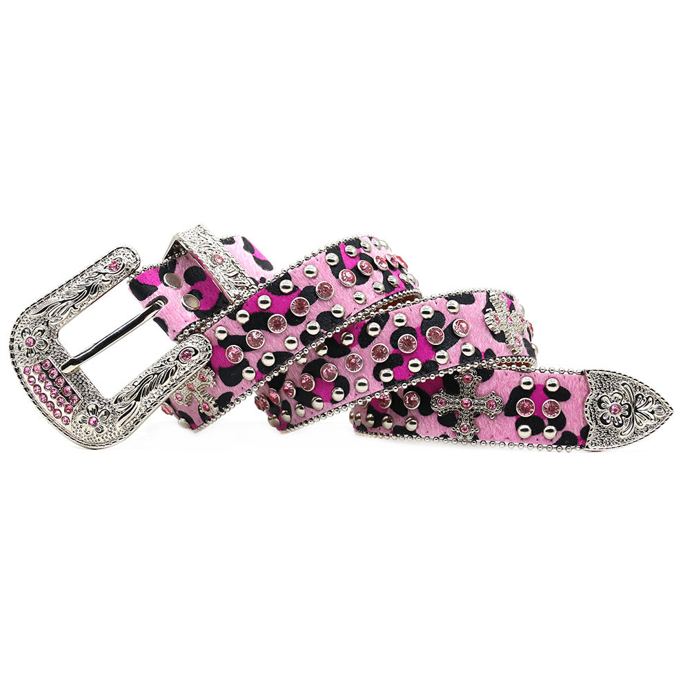 Western Style Leopard Print Rhinestone Cross Carved Belt