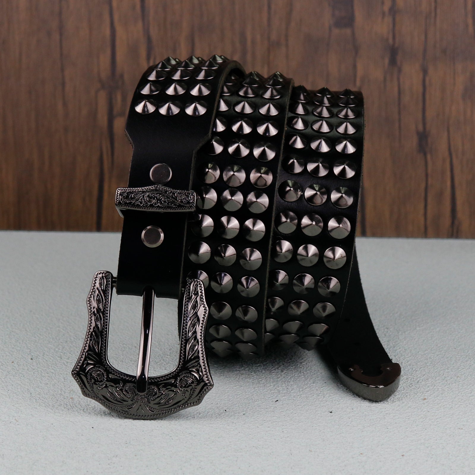 Punk Style Studded Carved Buckle Black Belt