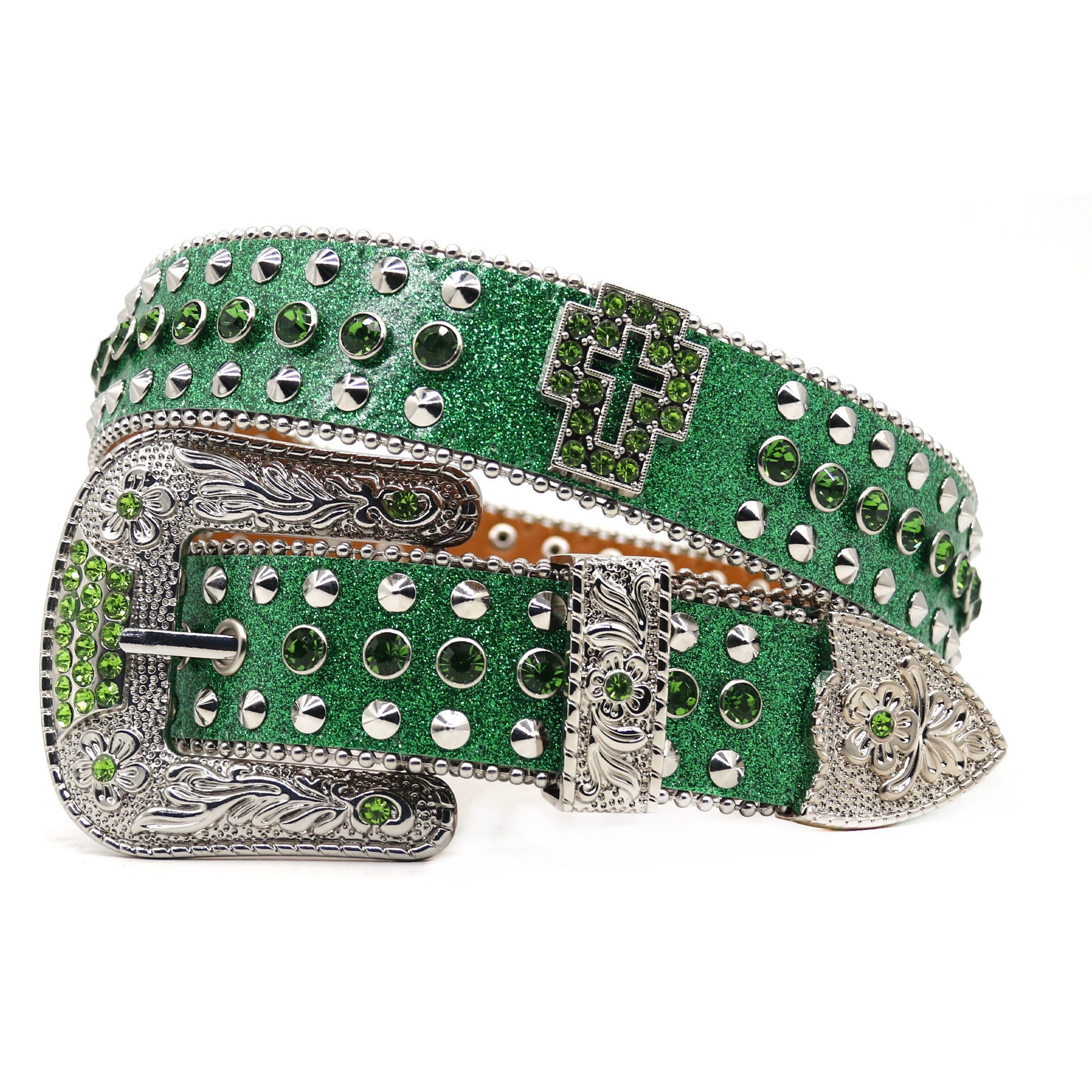 Western Style Rhinestone Cross Carved Multi-Color Belt