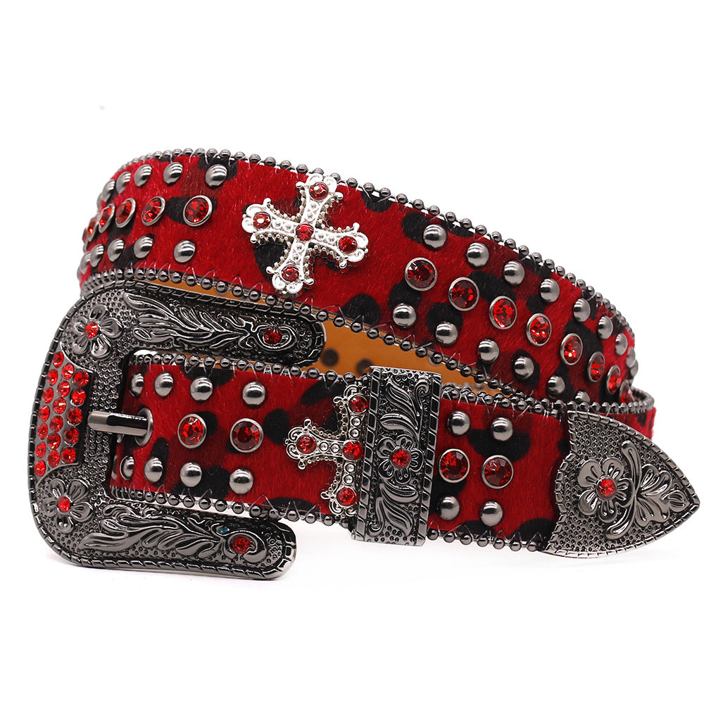 Western Style Leopard Print Rhinestone Cross Carved Belt