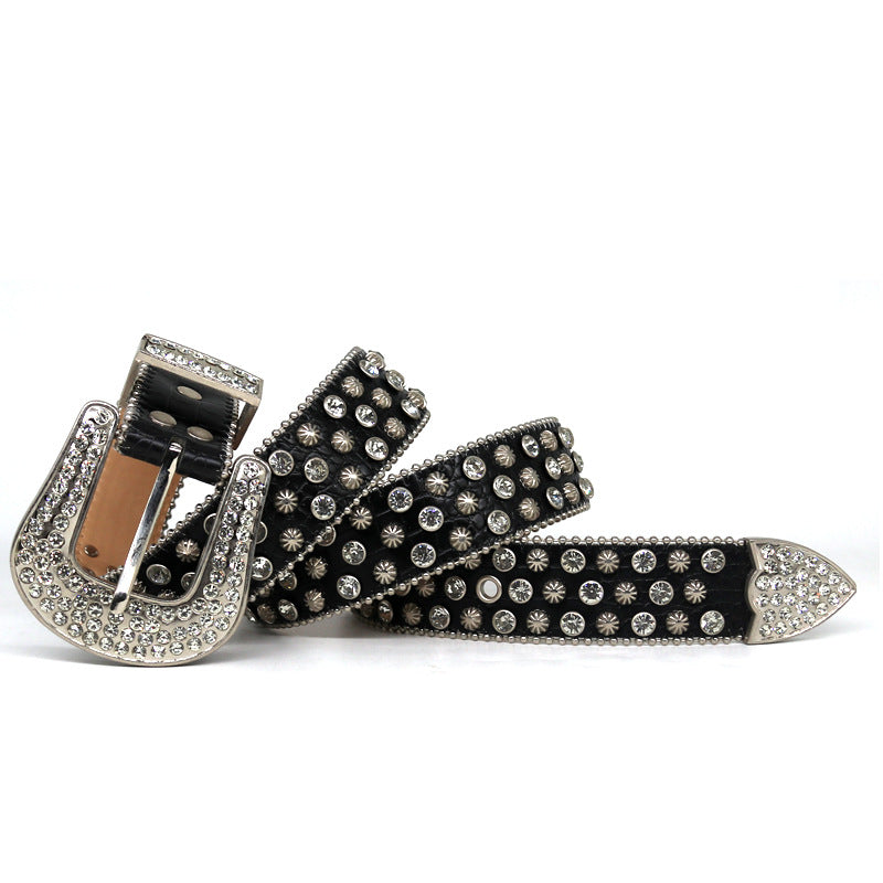 Punk Style Black Belt with Rhinestone Studs