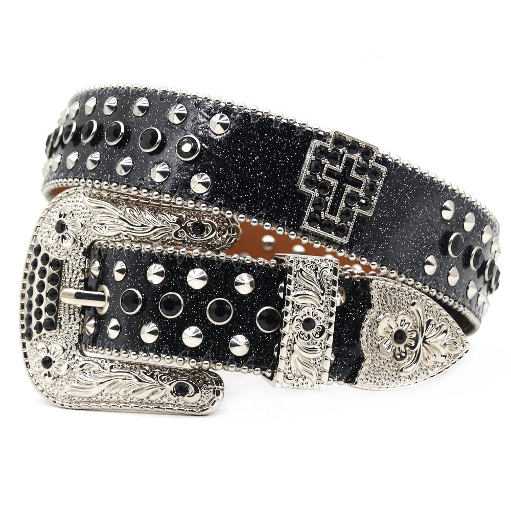 Western Style Rhinestone Cross Carved Multi-Color Belt