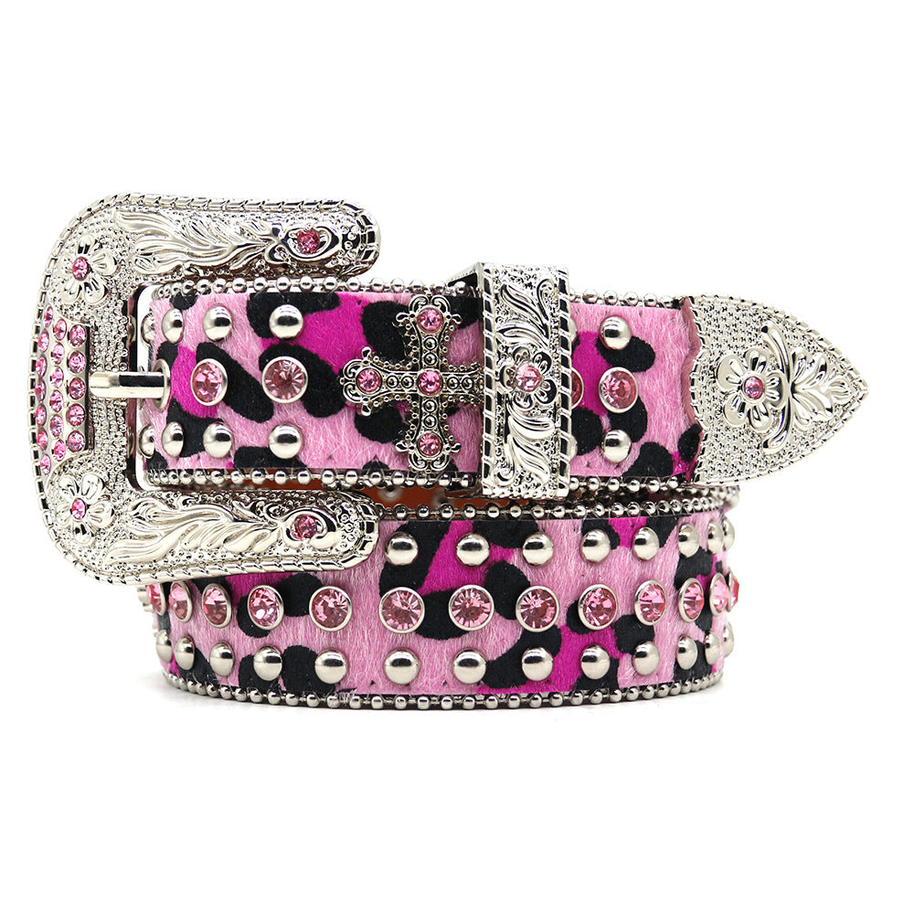 Western Style Leopard Print Rhinestone Cross Carved Belt