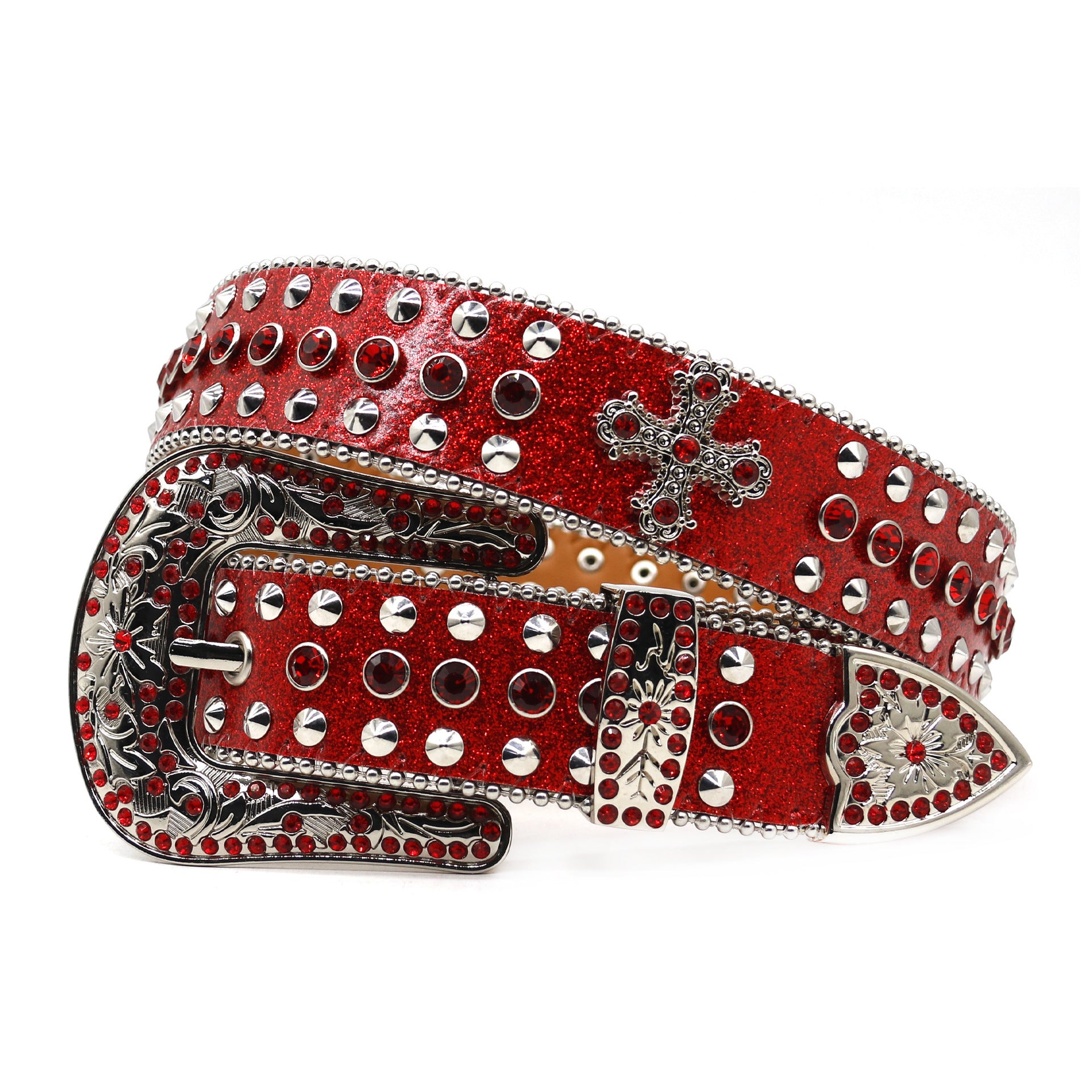 Western Style Rhinestone Cross Carved Multi-Color Belt