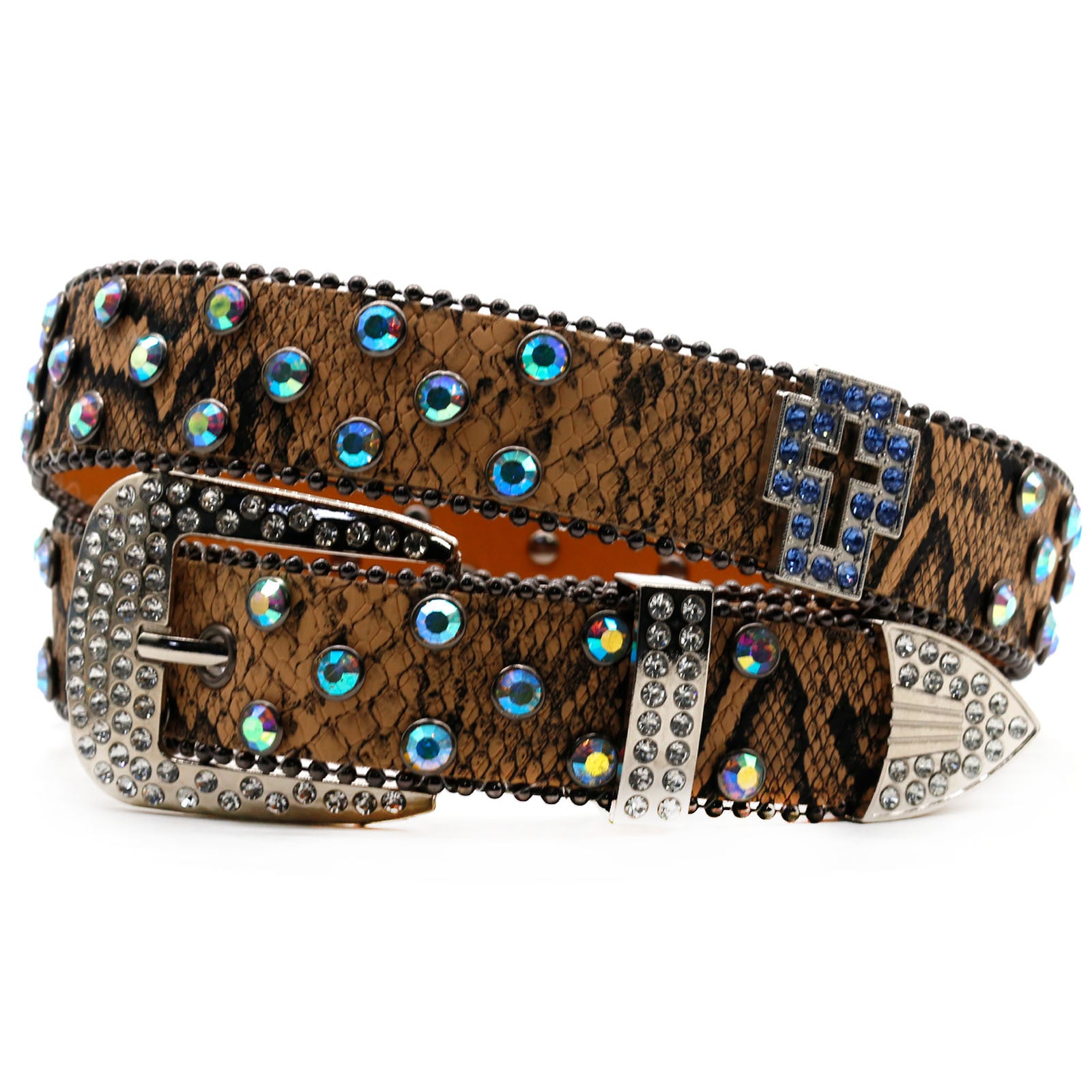 Snake Print Rhinestone Cross Carved Western Style Belt