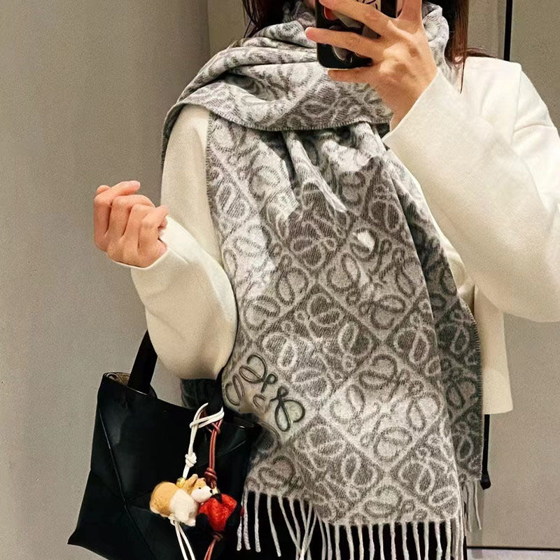 Autumn Winter Classic Logo-Jacquard Pure Cashmere Scarf Fringed Warm Shawl
