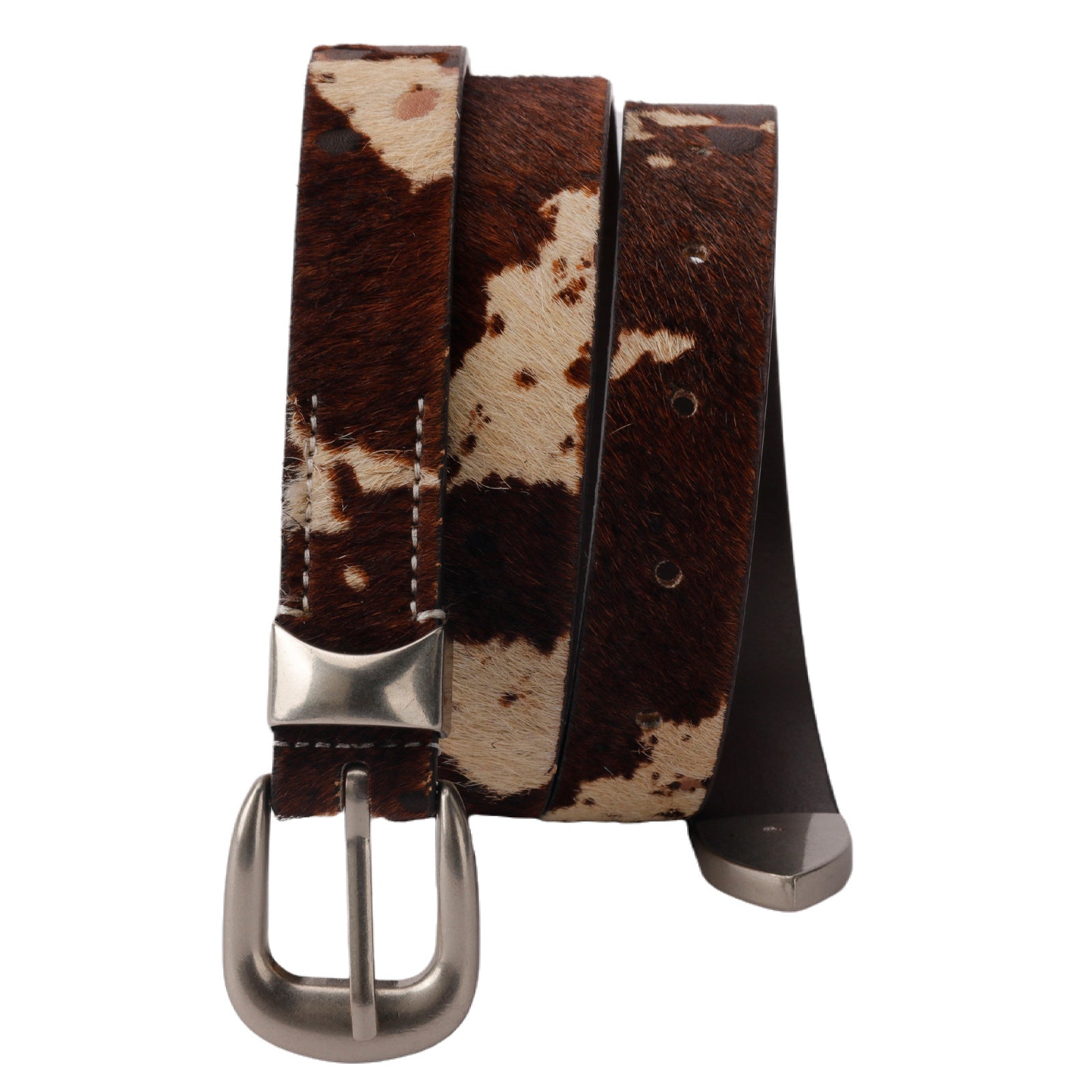 Vintage Cow Print Belt with Metal Buckle
