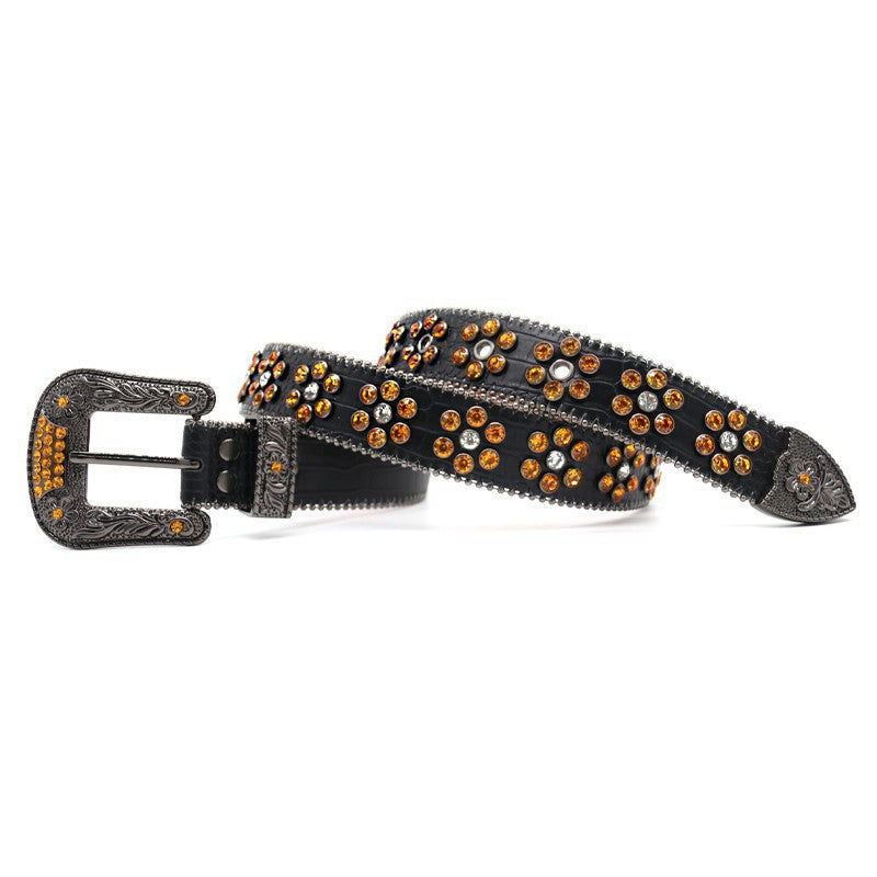 Western Style Carved Rhinestone Stud Black Belt