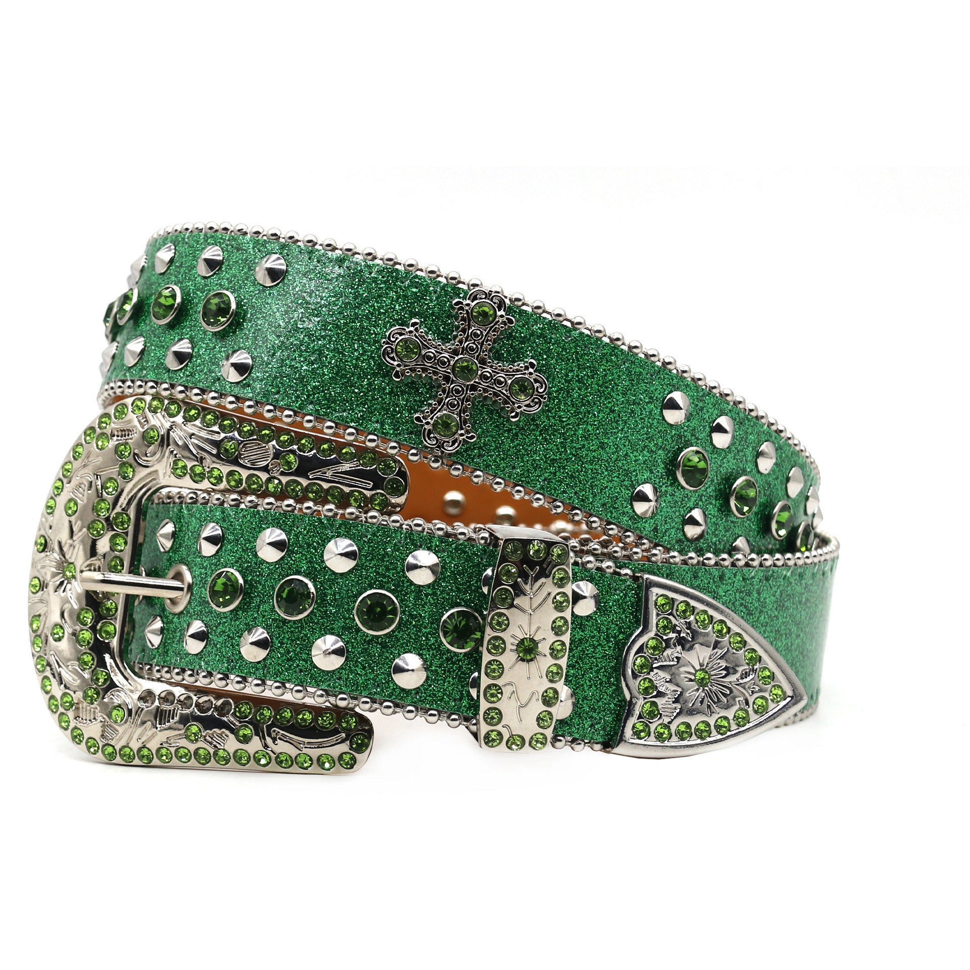 Western Style Rhinestone Cross Carved Multi-Color Belt