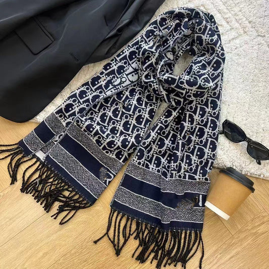 Autumn Winter Letter-Jacquard Scarf Double-Sided Fringed Shawl