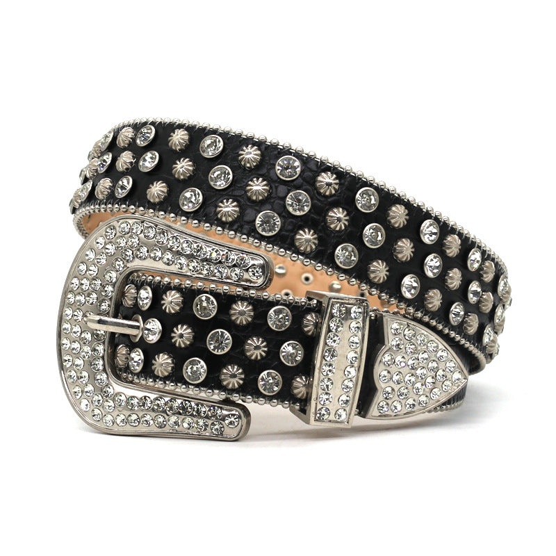 Punk Style Black Belt with Rhinestone Studs