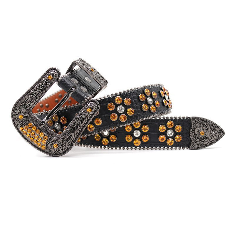 Western Style Carved Rhinestone Stud Black Belt