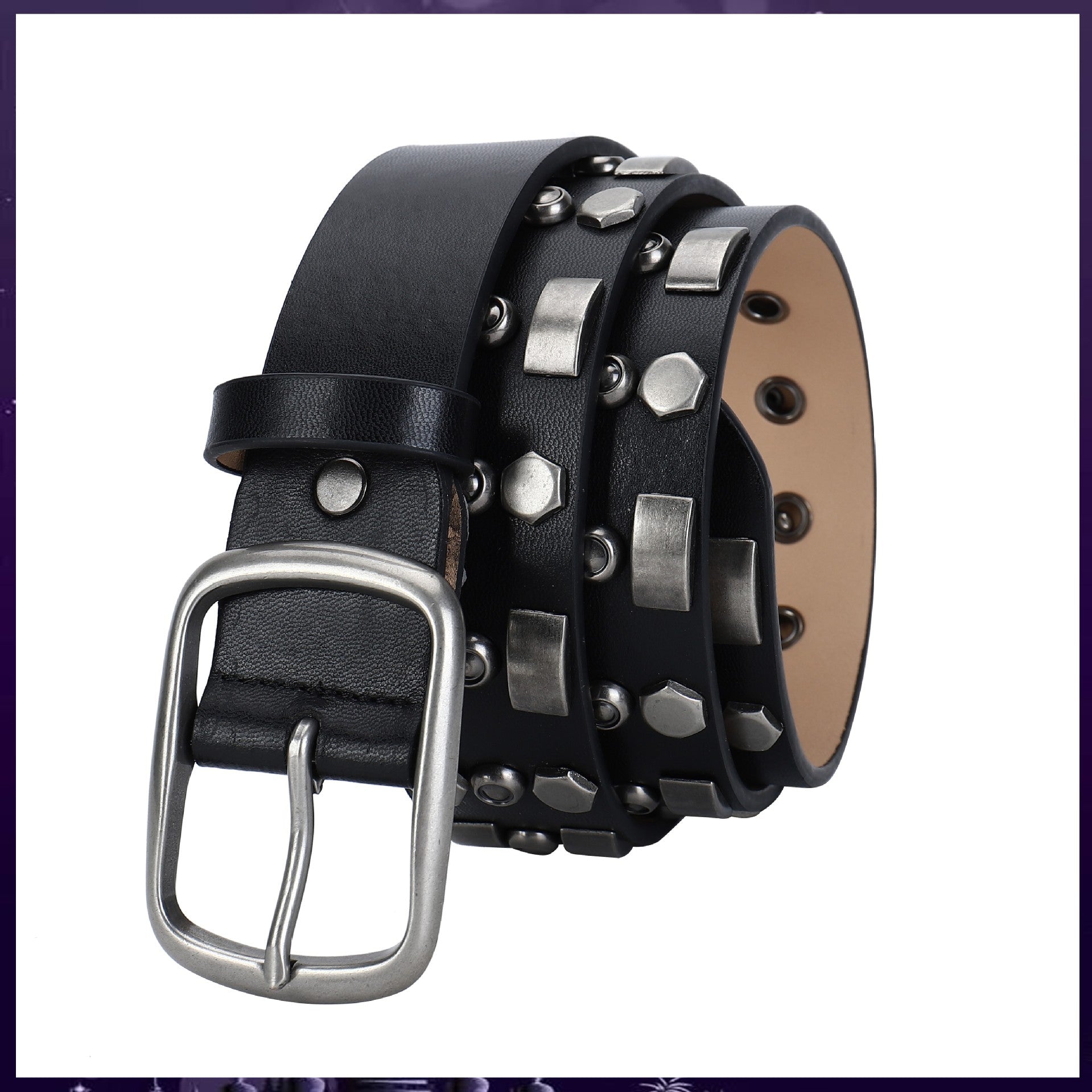 Rivet Punk Style Black Leather Belt