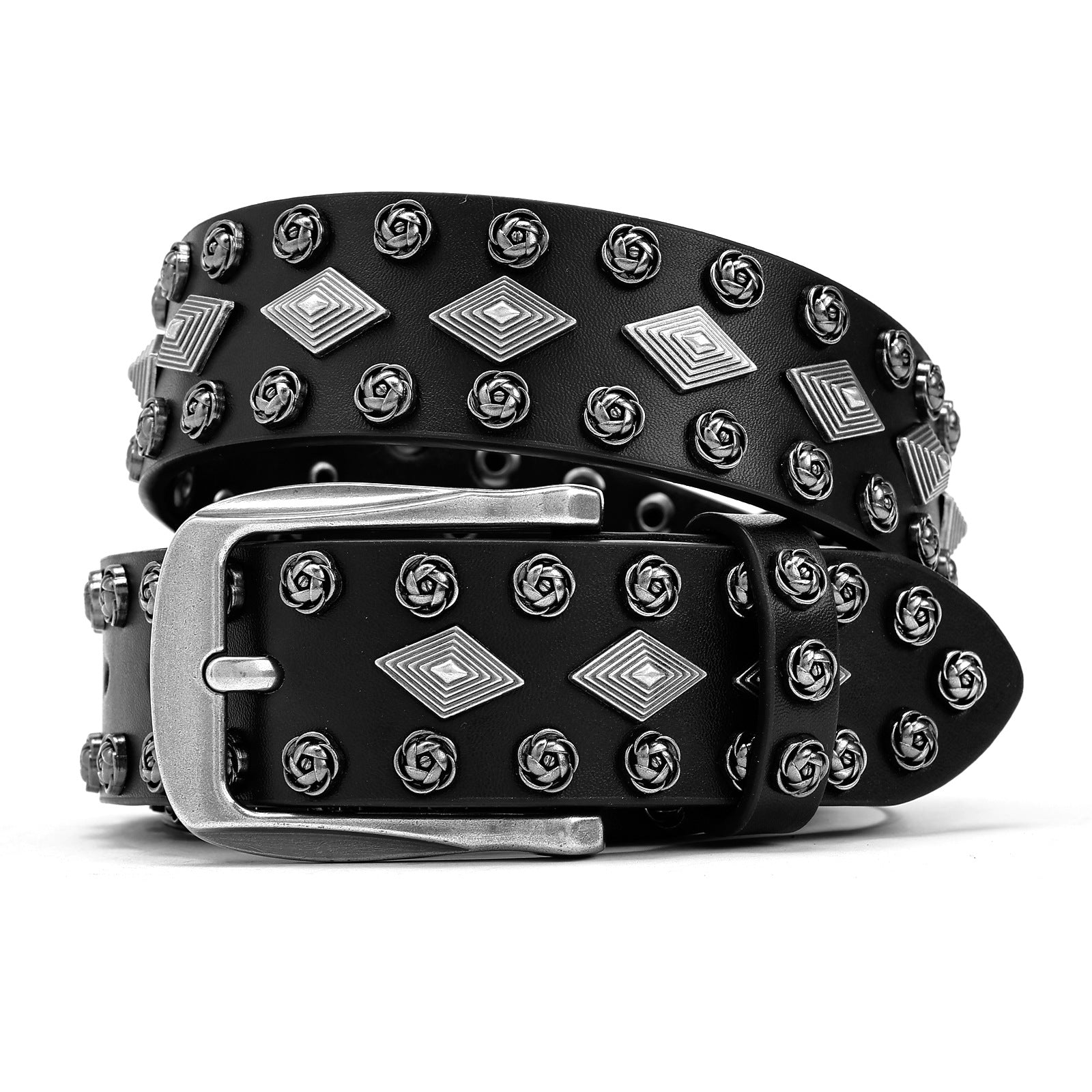 Punk Style Black Belt with Rose & Diamond Studs