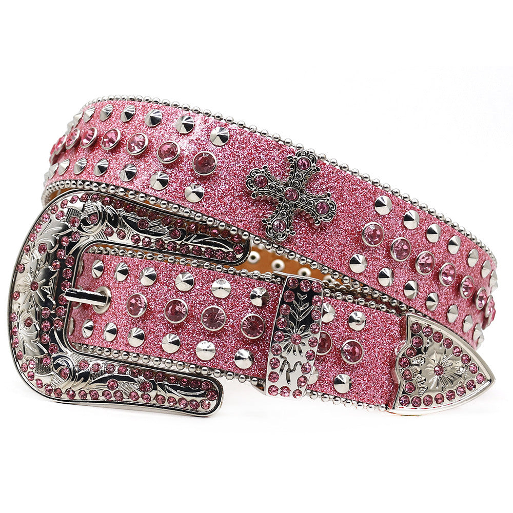 Western Style Rhinestone Cross Carved Multi-Color Belt
