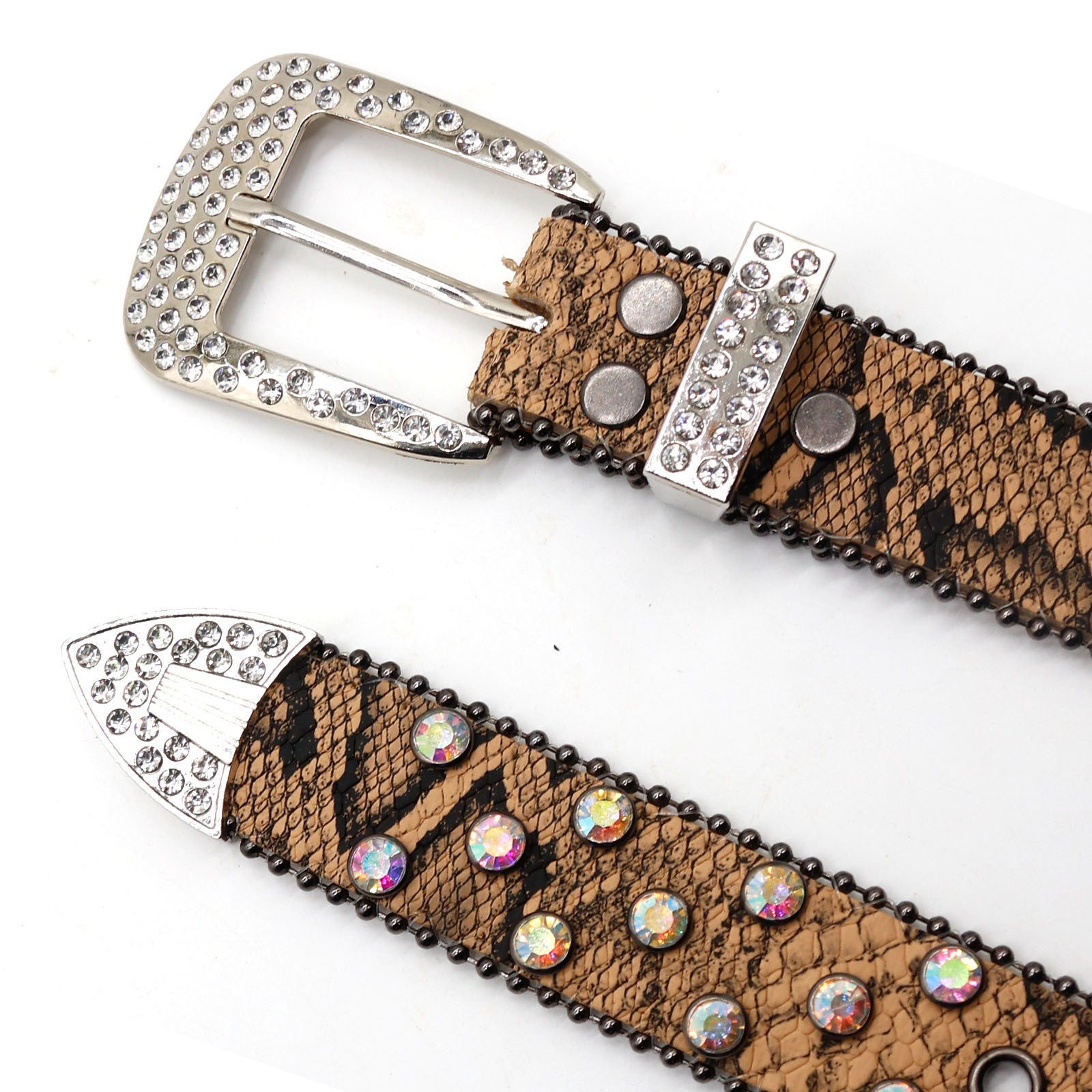 Snake Print Rhinestone Cross Carved Western Style Belt