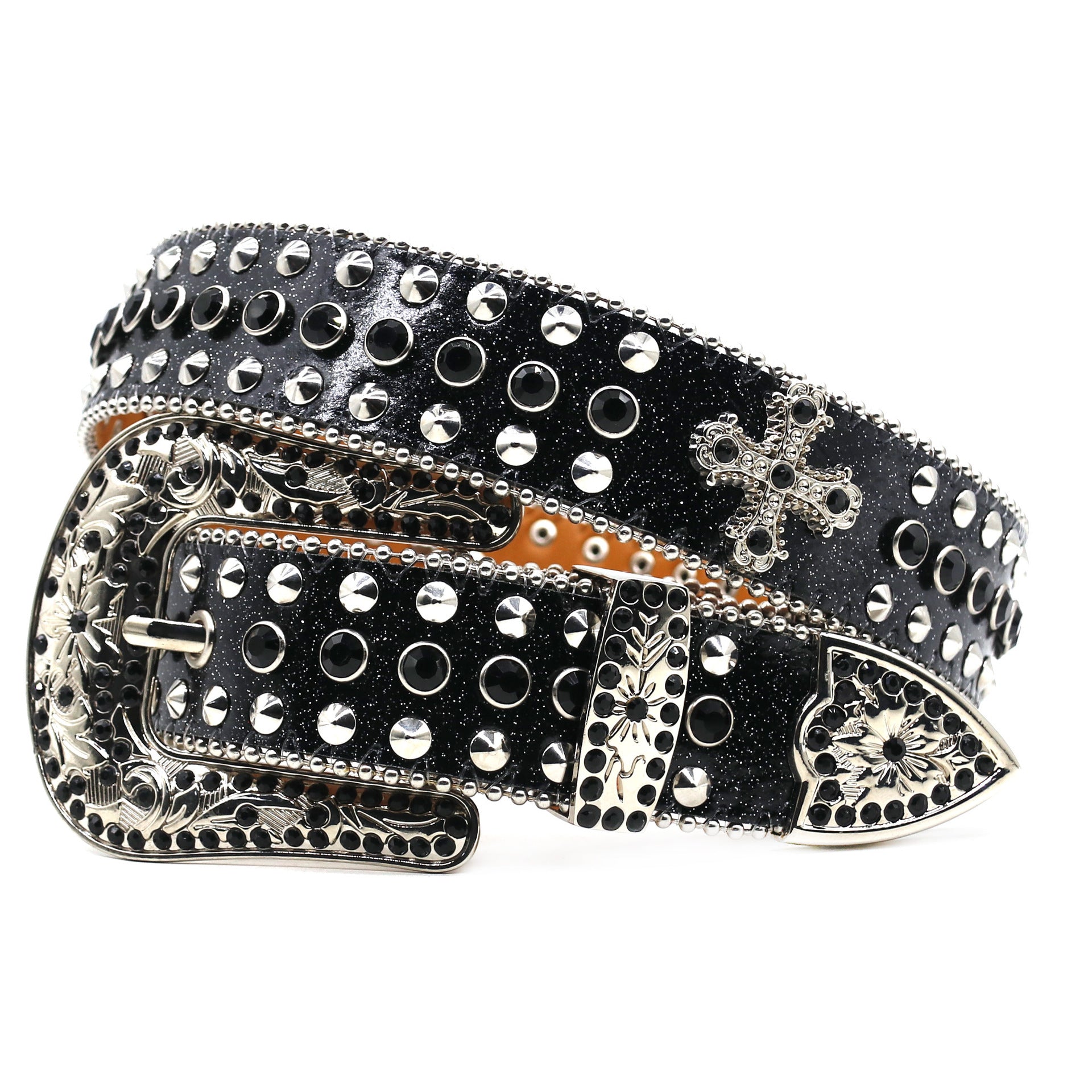 Western Style Rhinestone Cross Carved Multi-Color Belt