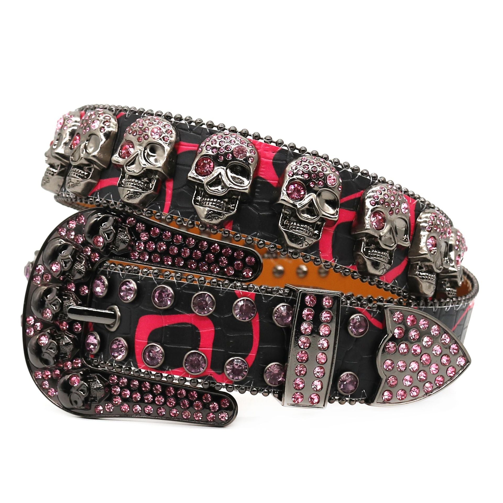 Punk Style Skull Pink Rhinestone Red-Black Pattern Belt