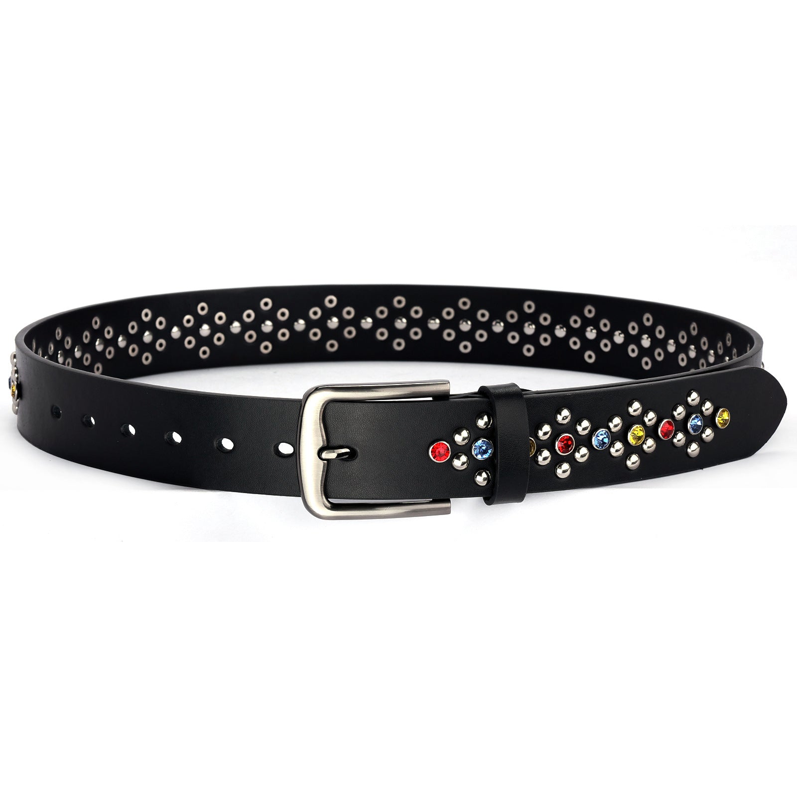 Colorful Rhinestone Rivet Punk Style Black Women's Belt