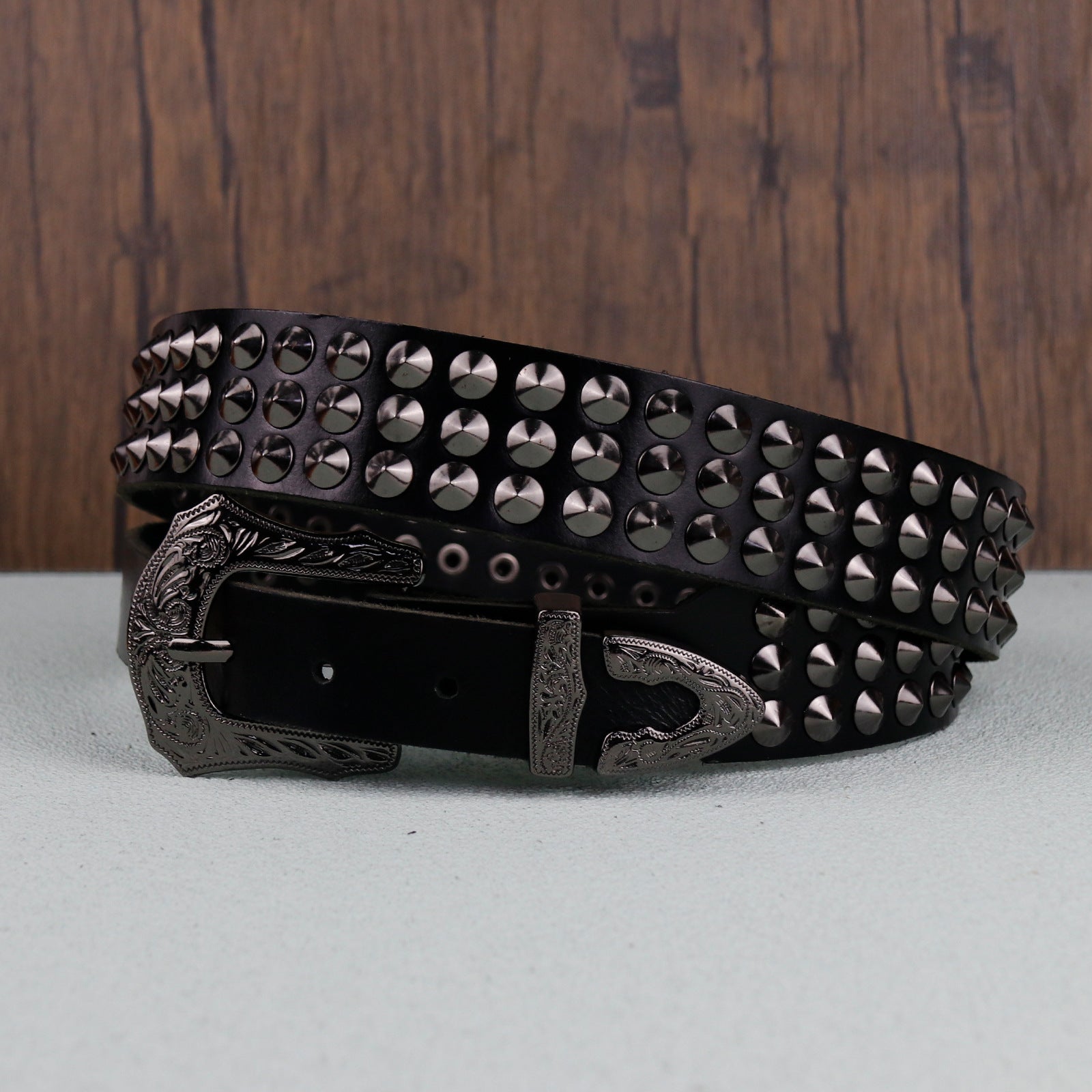 Punk Style Studded Carved Buckle Black Belt