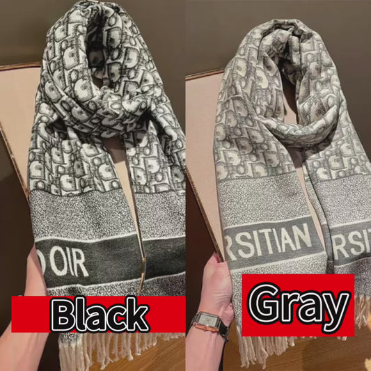 A- Autumn Winter Letter-Jacquard Scarf Double-Sided Fringed Shawl