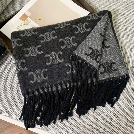 Autumn Winter Double-C Jacquard Scarf Double-Sided Two-Tone Fringed Shawl