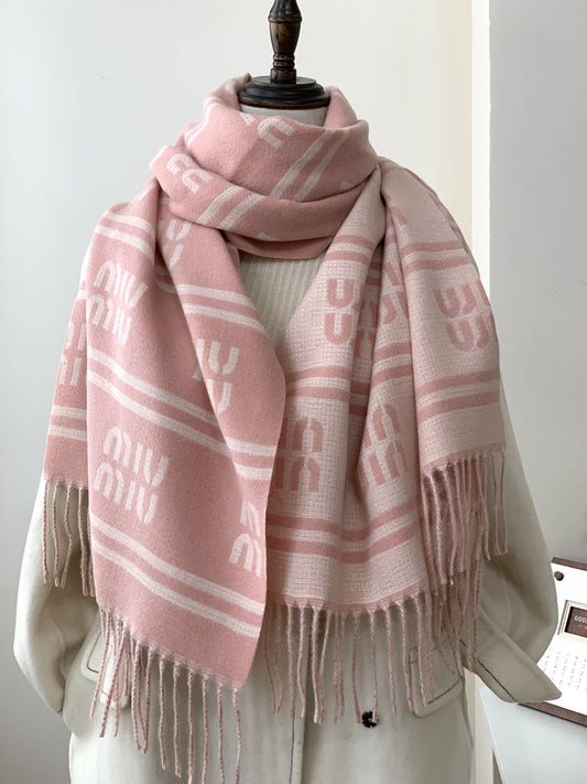 Autumn Winter Letter-Jacquard Double-Sided Scarf Striped Fringed Warm Shawl