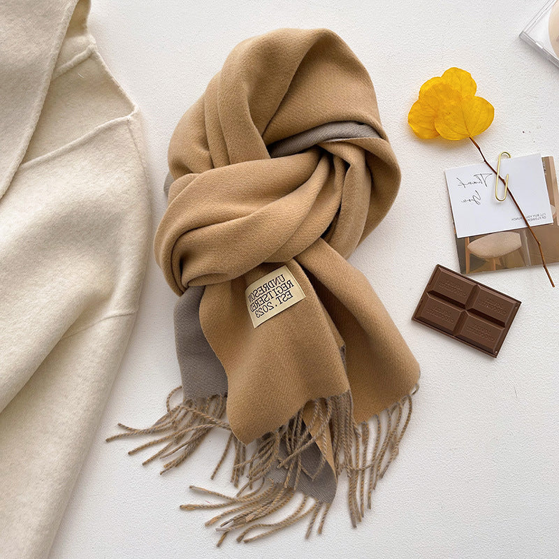 Autumn Winter Double-Sided Two-Tone Pure Cashmere Scarf Warm Fringed Shawl Versatile Solid Color Neckwear