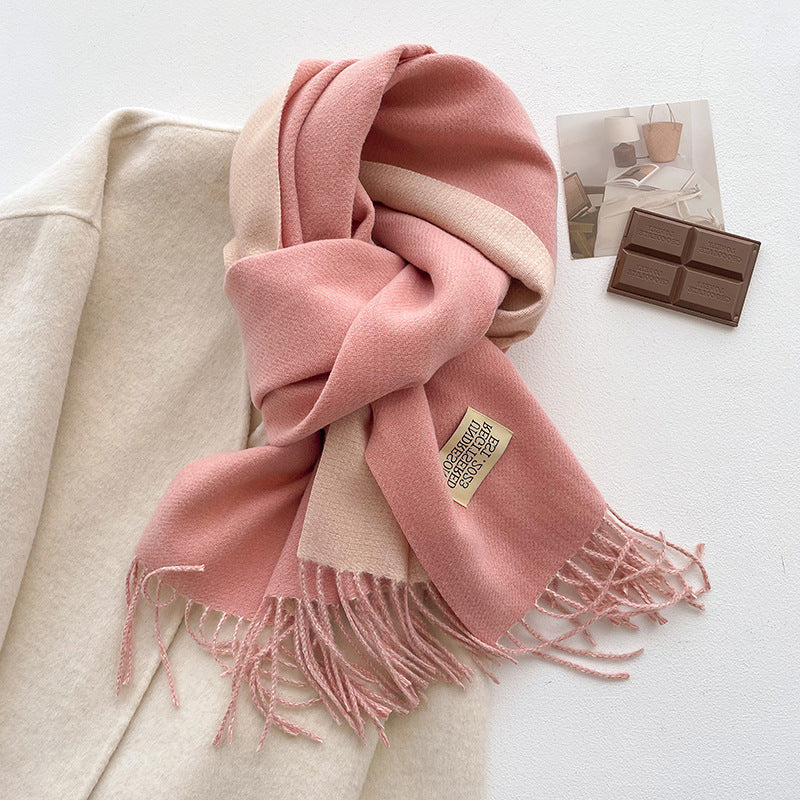 Autumn Winter Double-Sided Two-Tone Pure Cashmere Scarf Warm Fringed Shawl Versatile Solid Color Neckwear