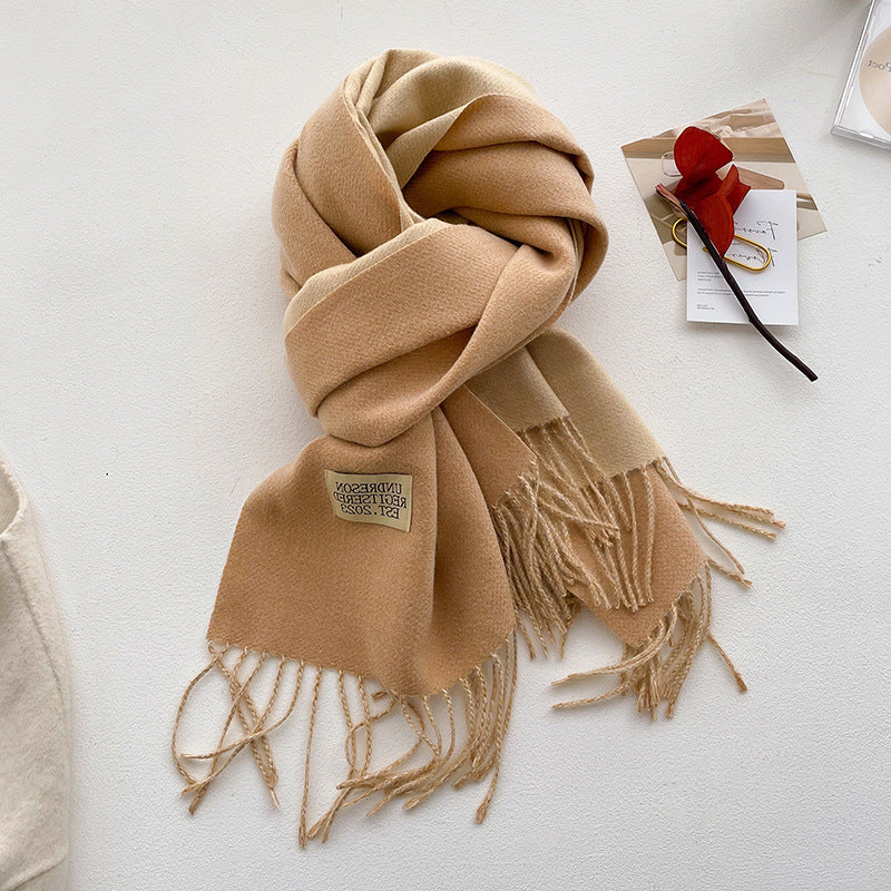 Autumn Winter Double-Sided Two-Tone Pure Cashmere Scarf Warm Fringed Shawl Versatile Solid Color Neckwear