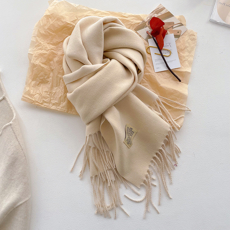 Autumn Winter Double-Sided Two-Tone Pure Cashmere Scarf Warm Fringed Shawl Versatile Solid Color Neckwear