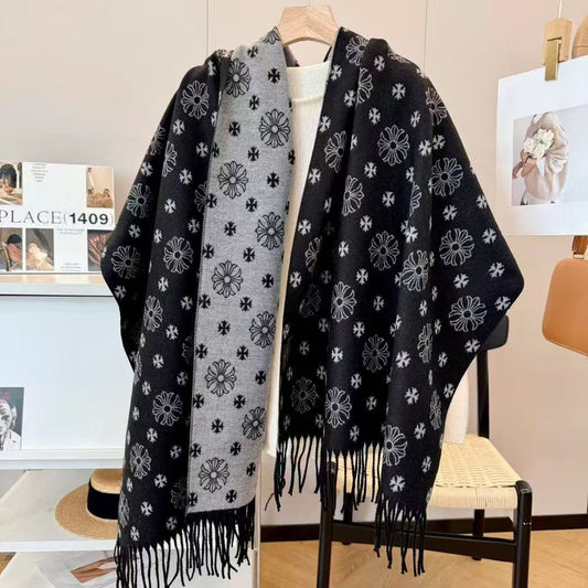 Autumn Winter Daisy-Jacquard Double-Sided Scarf Cross-Decorated Fringed Shawl