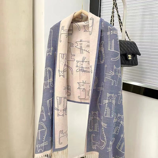 Autumn Winter Hand-Drawn Cat Jacquard Scarf Double-Sided Fringed Shawl