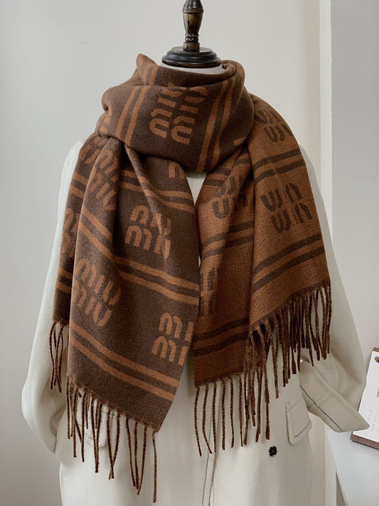 Autumn Winter Letter-Jacquard Double-Sided Scarf Striped Fringed Warm Shawl