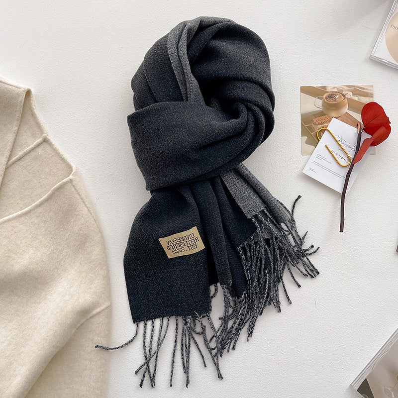 Autumn Winter Double-Sided Two-Tone Pure Cashmere Scarf Warm Fringed Shawl Versatile Solid Color Neckwear