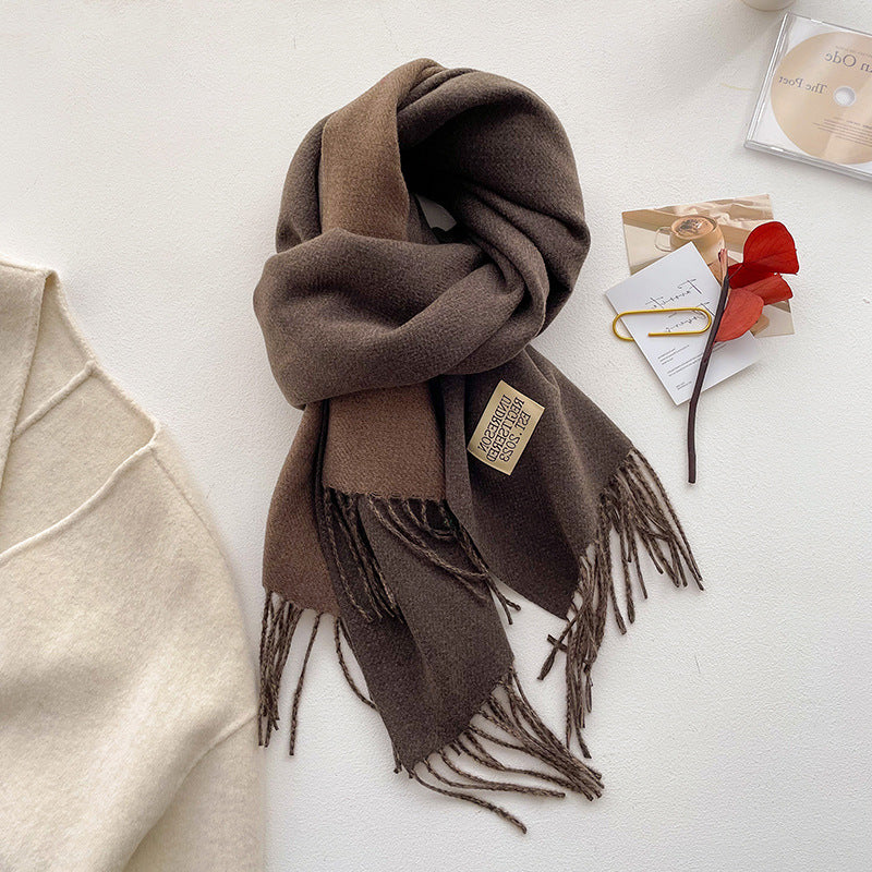 Autumn Winter Double-Sided Two-Tone Pure Cashmere Scarf Warm Fringed Shawl Versatile Solid Color Neckwear