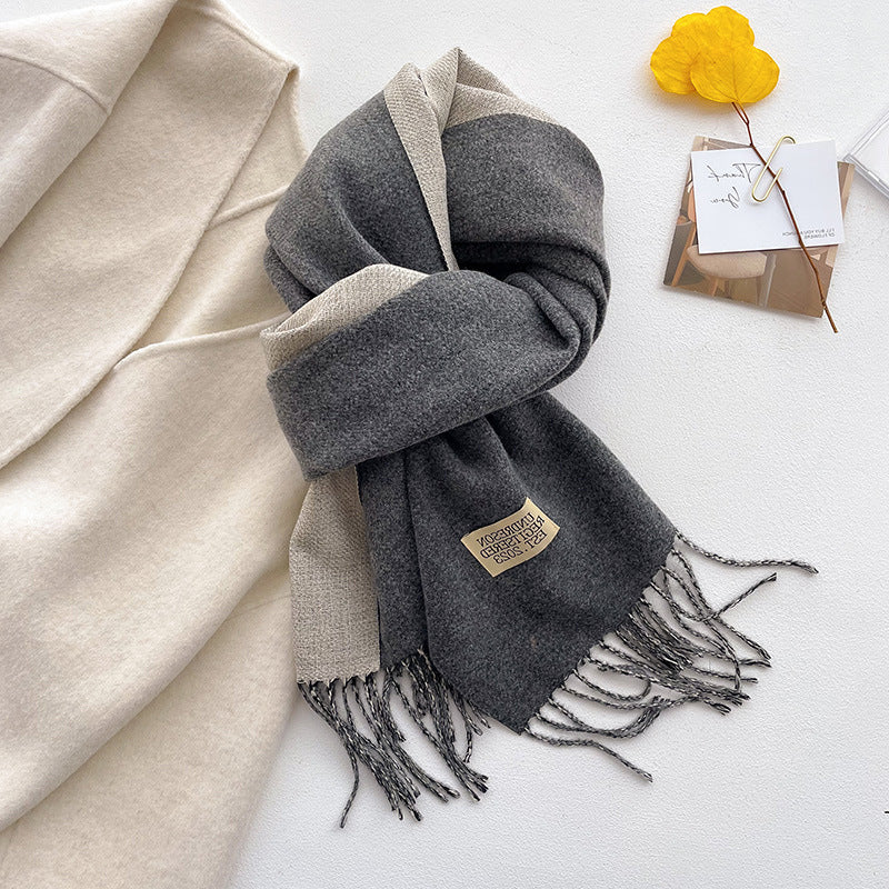 Autumn Winter Double-Sided Two-Tone Pure Cashmere Scarf Warm Fringed Shawl Versatile Solid Color Neckwear