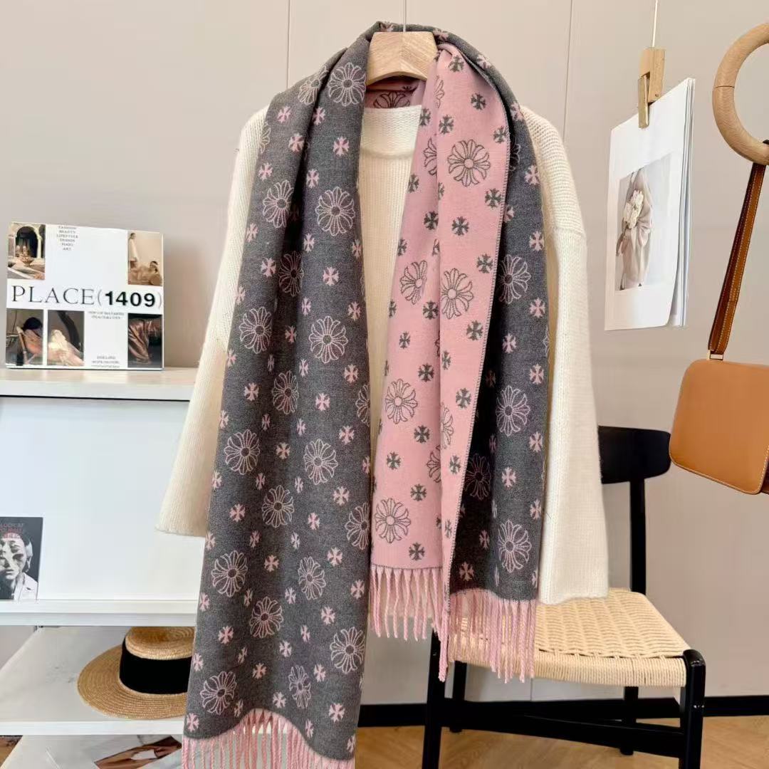 Autumn Winter Daisy-Jacquard Double-Sided Scarf Cross-Decorated Fringed Shawl