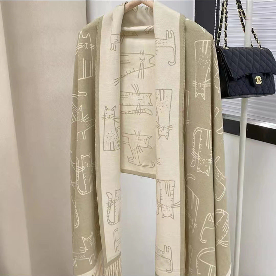 Autumn Winter Hand-Drawn Cat Jacquard Scarf Double-Sided Fringed Shawl