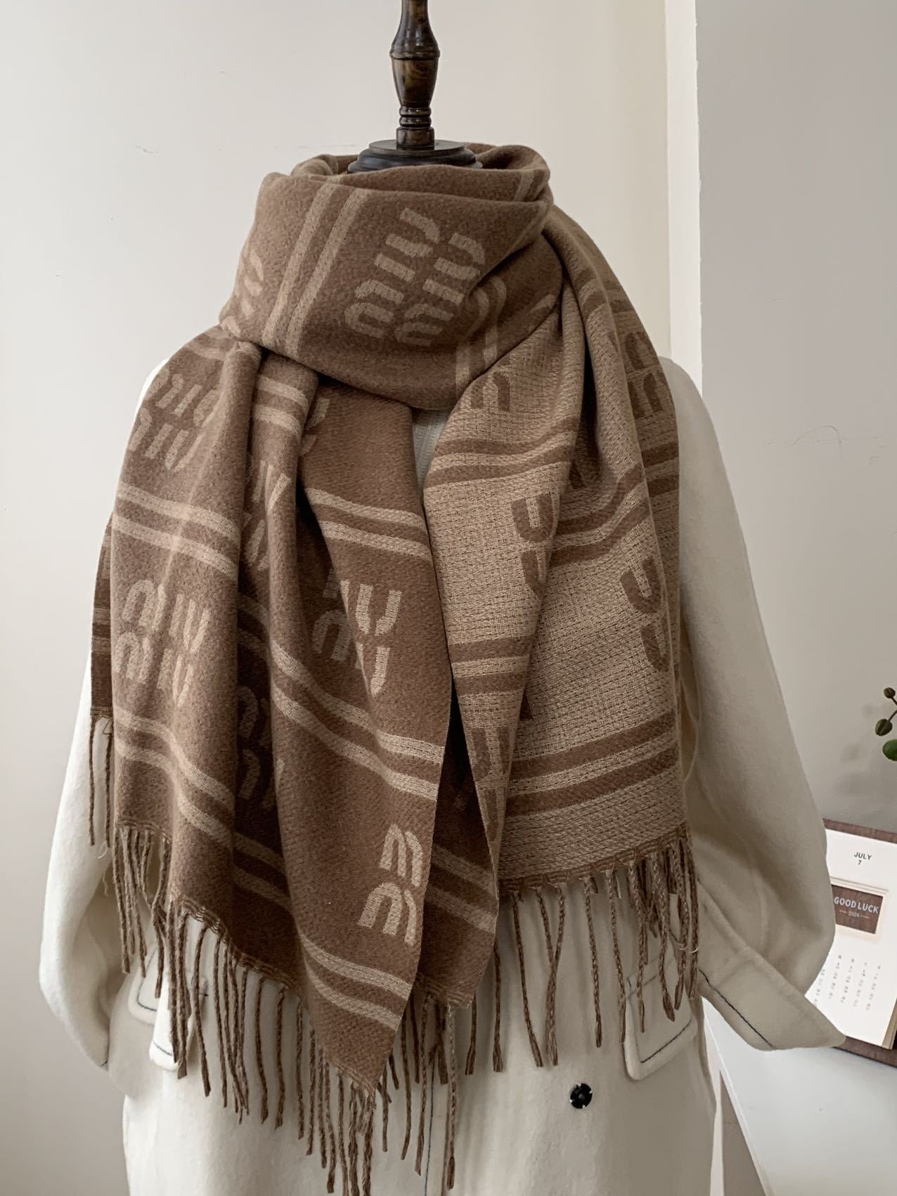 Autumn Winter Letter-Jacquard Double-Sided Scarf Striped Fringed Warm Shawl
