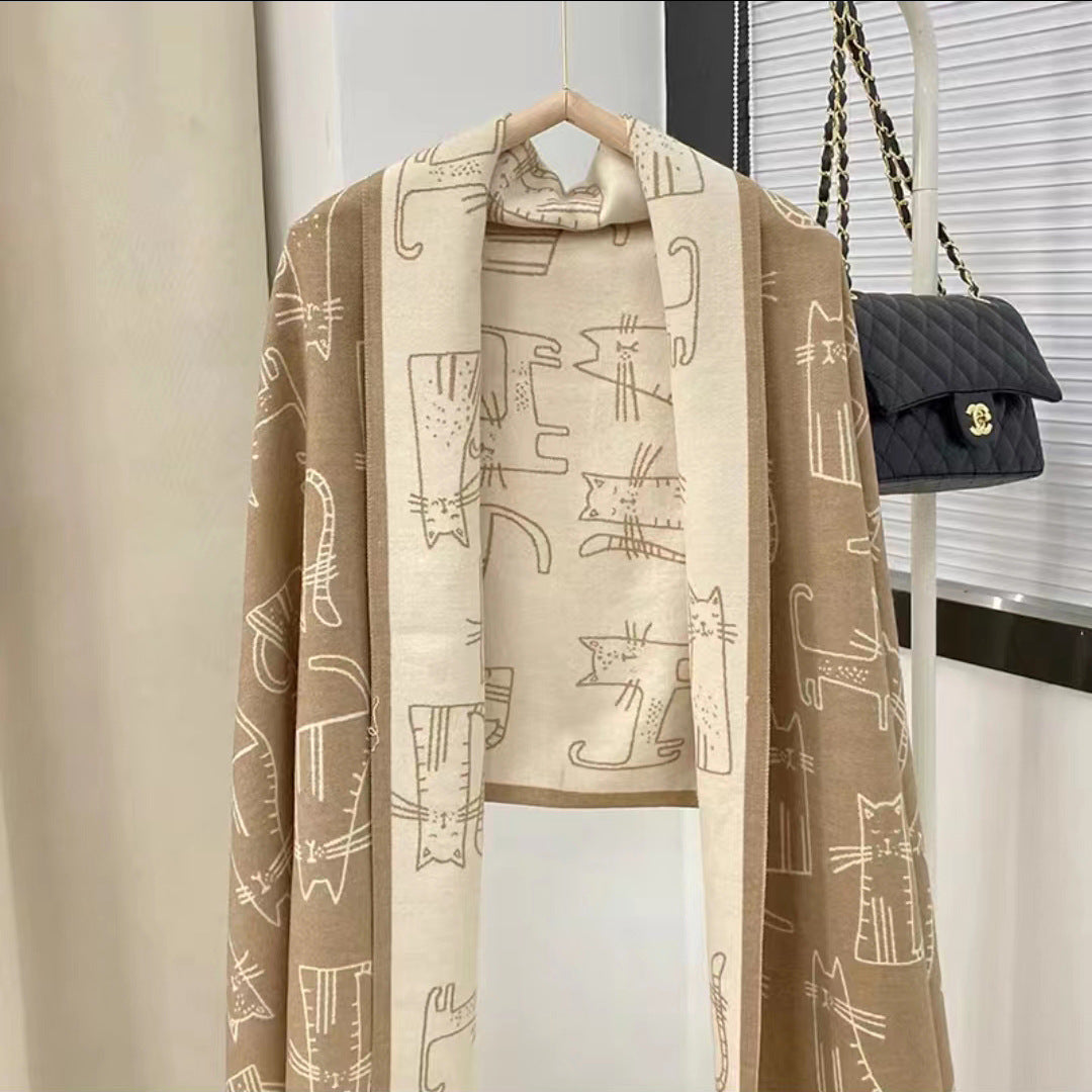 Autumn Winter Hand-Drawn Cat Jacquard Scarf Double-Sided Fringed Shawl