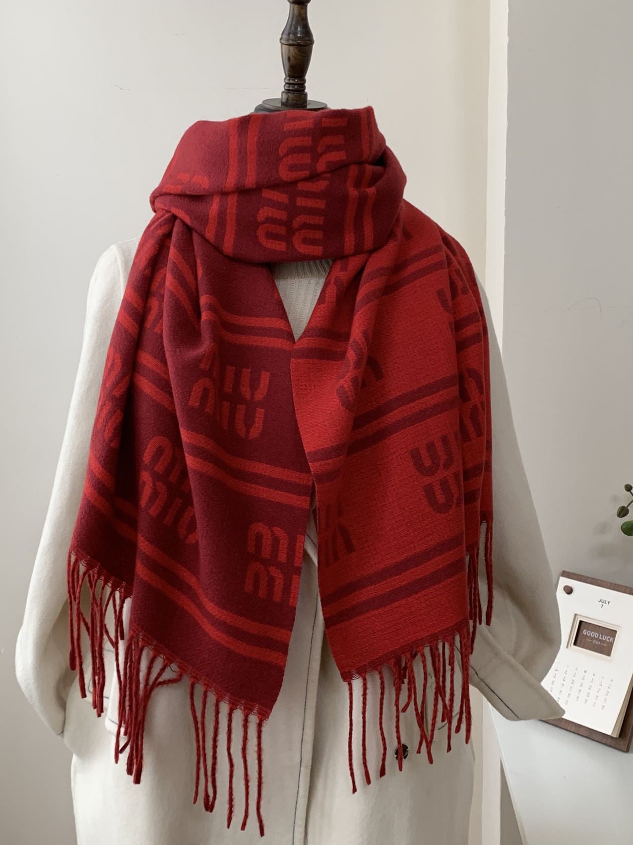 Autumn Winter Letter-Jacquard Double-Sided Scarf Striped Fringed Warm Shawl